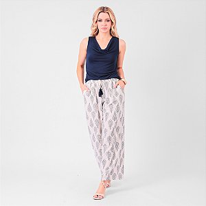 Calça Estampada Em Linho Cós Com Elástico E Cordão Feminina