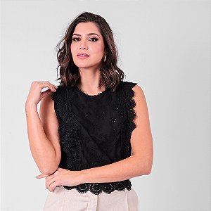 Blusa Sem Manga Com Detalhe Bordado E Renda Feminina