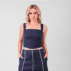 Regata Em Linho Decote Quadrado Com Vivos Contrastantes Feminino