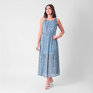 Vestido Longo Estampado Alça Com Amarração E Ponteiras Concha