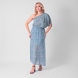 Vestido Longo Estampado Ombro Único Com Franzidos