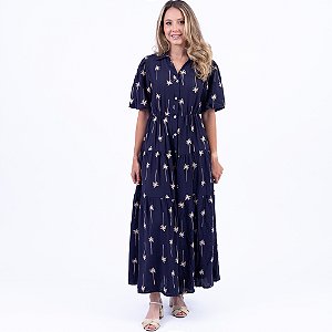 Vestido Chemise Longo Bordado Com Manga Bufante