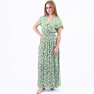 Vestido Longo Manga Curta Com Lastex Estampa Folhas