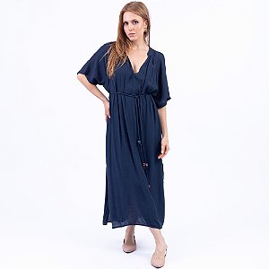 Vestido Midi Decote V Com Amarração E Ponteiras