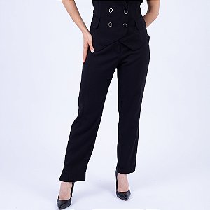 Calça Alfaiataria Reta Com Fenda Bolso E Lapela Feminina