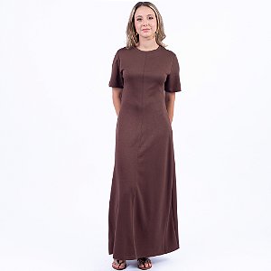 Vestido Longo com Manga Curta e Detalhes de Nervura