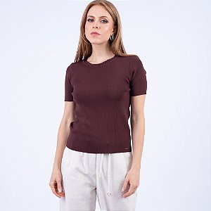 Blusa Tricot Manga Curta e Gola com Detalhe Trançado Feminina
