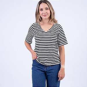 Blusa Listrada Decote V com Manga Ampla Feminina