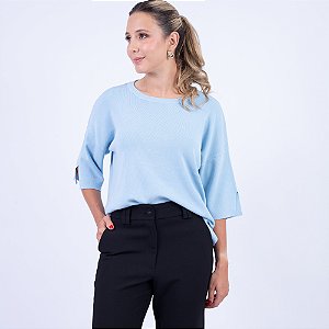 Blusa Tricot Ampla Mullet Manga 7/8 com Fendas Feminina