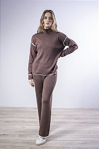 Calça Tricot Feminina Reta com Detalhe Contrastante