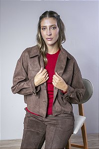 Jaqueta Suede Cropped Feminina com Bolsos