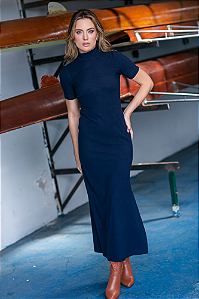 Vestido Longo Cotelê Soft Gola Alta Manga Curta com Fenda