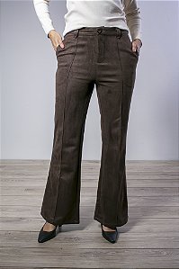 Calça Flare Feminina em Suede com Elastano Bolso e Nervura