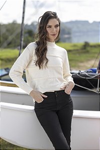 Blusa Tricot Textura Trançada Feminina com Gola Alta