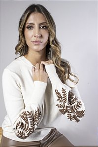 Blusa Tricot Feminina Manga Levemente Bufante com Bordado