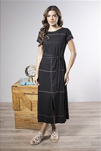 Vestido Midi Em Linho Com Faixa Recortes E Pespontos