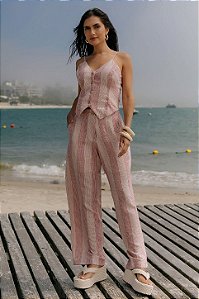 Calça Reta Feminina Listrada Com Bolsos E Cós Com Meio Elástico