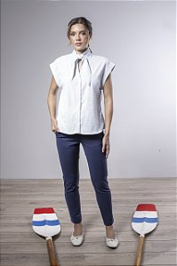 Camisa Listrada Gola Laço Feminina Com Manga Dobrada