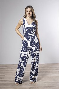 Macacão Longo Estampado Decote V Com Faixa