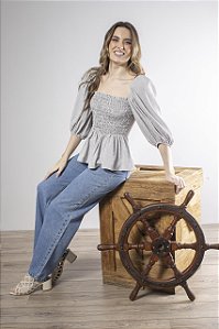 Blusa Listrada Com Lastex Feminina Manga Bufante