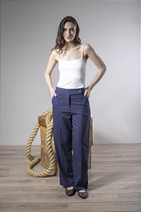 Calça Alfaiataria Feminina Reta Em Linho Com Nervuras