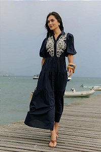 Vestido Longo Com Bordado Com Manga Bufante