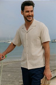 Camisa Masculina Manga Curta Em Algodão Gola Havaiana