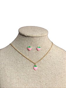 Conjunto Colar + Brinco Infantil - Morango Rosa Claro