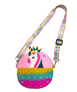 Bolsa Infantil Pop It Unicórnio Coroa(Redonda) - Rosa Claro, amarelo e Verde