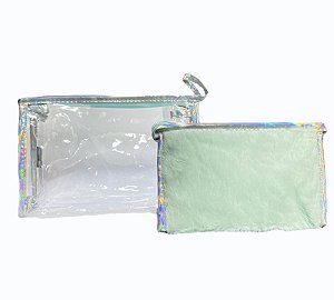 Kit Necessaire Com 2 Peças Pelúcia - Cinza com Verde