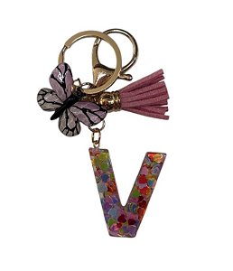 CHAVEIRO ROSA LETRA V  - (pingente borboleta)