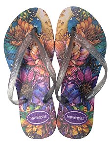 SANDÁLIA INSPIRAÇÃO HAVAIANAS - FLORES AZUL COM ROXO