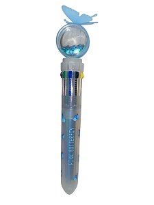 Caneta Escolar - Glitter com Borboleta | Azul