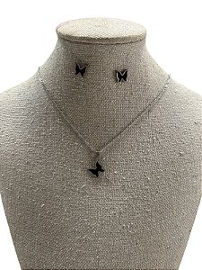 CONJUNTO DE COLAR + BRINCO S1 - BORBOLETA PRETA COM PRATA