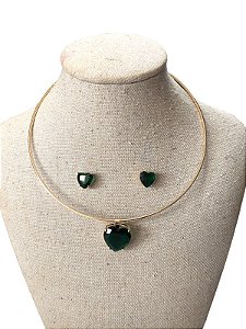 Conjunto | Colar +Brinco - Dourado Com Verde - AM11