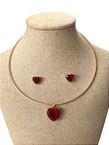 Conjunto | Colar +Brinco - Dourado Com Vermelho - AM11