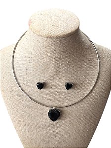 Conjunto | Colar +Brinco - Prata Com Preto - AM11