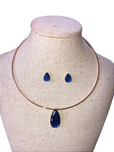 Conjunto | Colar +Brinco - Dourado Com Pedra Azul - AM9