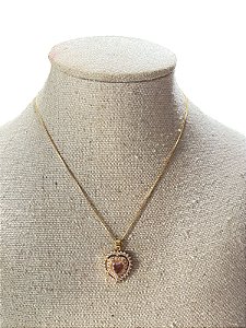 Colar Folheado  Dourado Com Pedra Rosa- AK22