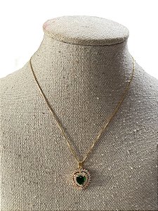 Colar Folheado Dourado Com Pedra Verde- AK22