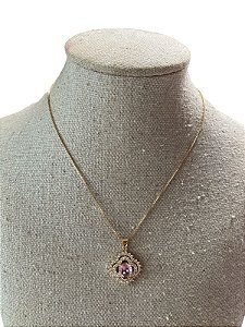 Colar Folheado - Dourado Com Pedra Rosa |AK15