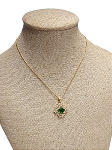 Colar Folheado - Dourado Com Pedra Verde|AK19