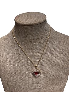 Colar Folheado | Dourado Pedra Vermelho- AK19