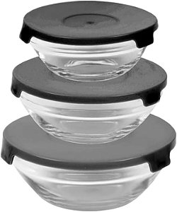 Kit 3 Potes De Vidro Com Tampa - Preto