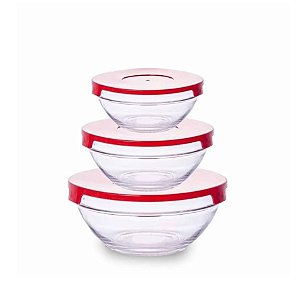 Kit 3 Potes De Vidro Com Tampa - Vermelho