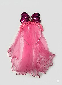 Diadema Laço e Tule - Rosa pink