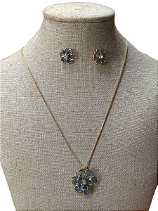 Kit Colar e Brinco - BR55 | Dourado + Azul