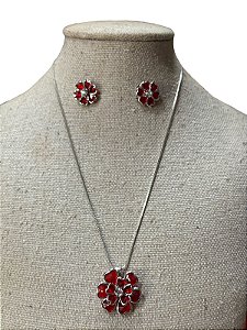 Kit Colar e Brinco - BR55 | Prata+ Vermelho