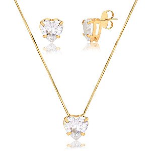 Conjunto colar e brinco coração cristal médio banhado no ouro 18k