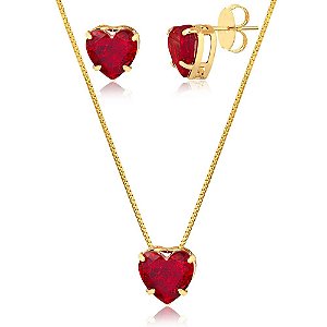 Conjunto colar e brinco coração vermelho médio banhado no ouro 18k